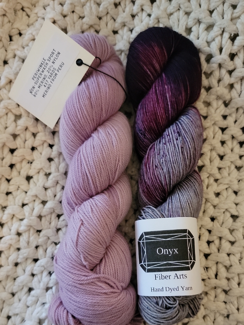 Onyx Fiber Arts Hand Dyed Yarn in Lavender and Variegated Purple-Gray
